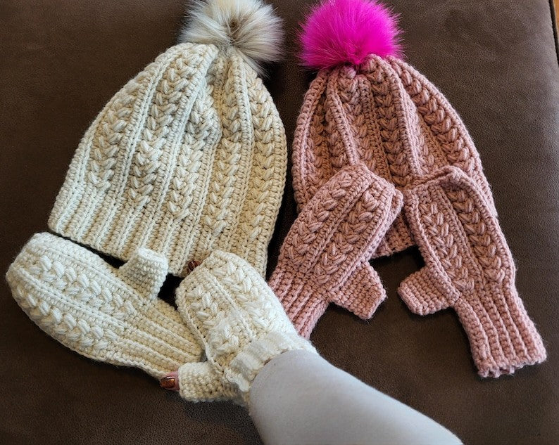 Wheat Stitch Hat & Fingerless Gloves Set